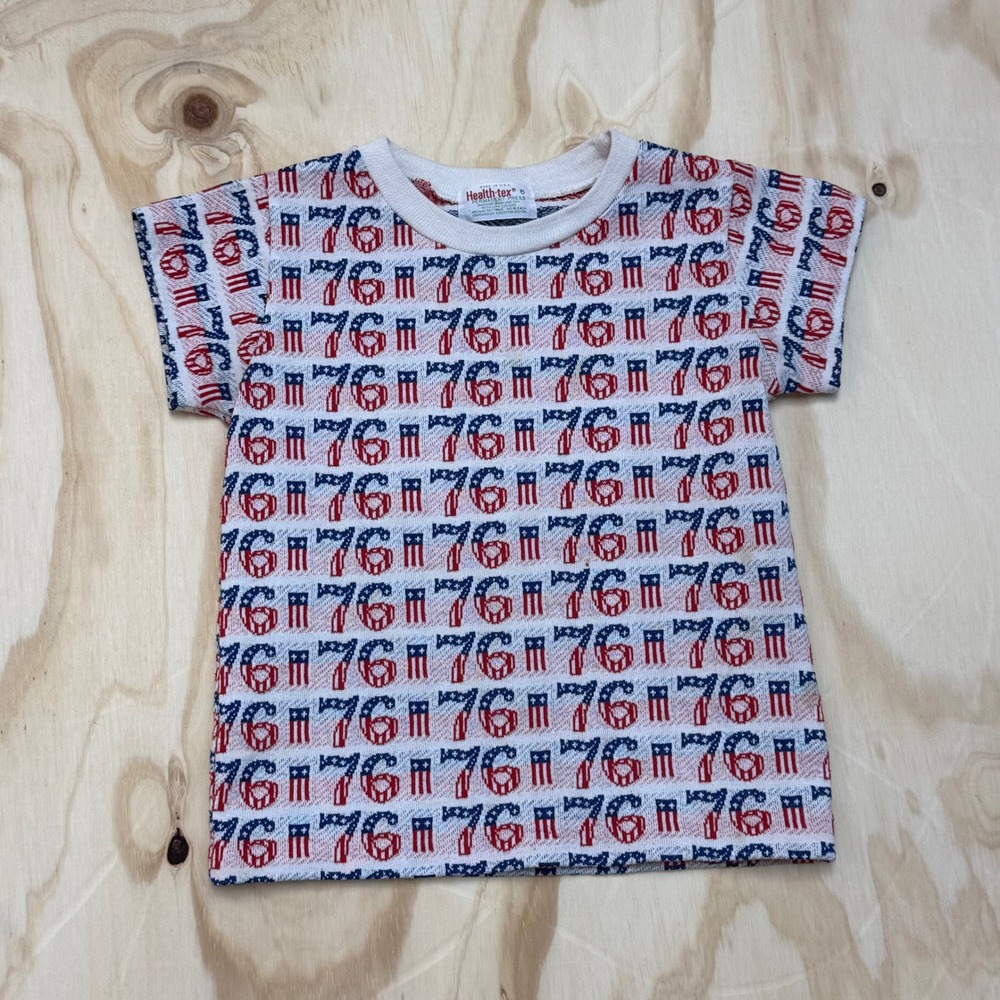 Vintage Health-tex Kids 76 Flag Print Knit Shirt Red White Blue USA